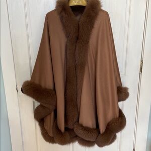 Elegant 100% Cashmere Brown Cape with Genuine Fur Trim